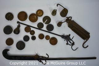 Group of Vintage Hanging Scales and Cast Iron Scale Weights