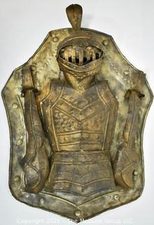 Vintage Hand Crafted Metal Medieval Knight Armor Wall Art Made in Mexico. Measures 23" x 28".