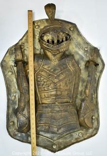 Vintage Hand Crafted Metal Medieval Knight Armor Wall Art Made in Mexico. Measures 23" x 28".