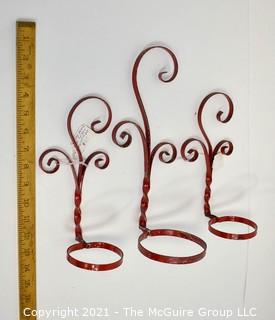 Three (3) Red Metal Wall Mount Potted Plant Holders. 