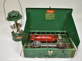 Vintage classic Coleman "white gas" twin mantle lantern and double burner camp stove, w package of mantles