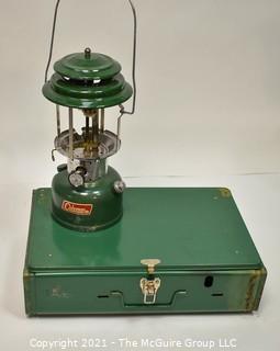 Vintage classic Coleman "white gas" twin mantle lantern and double burner camp stove, w package of mantles