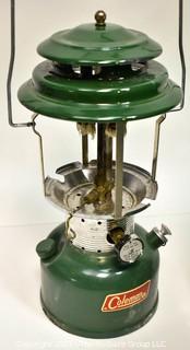 Vintage classic Coleman "white gas" twin mantle lantern and double burner camp stove, w package of mantles