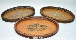 Three (3) Wood with Rattan Edge Stenciled Cocktail Serving Trays