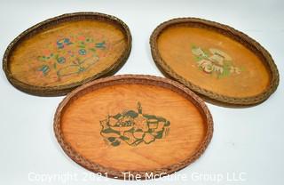 Three (3) Wood with Rattan Edge Stenciled Cocktail Serving Trays