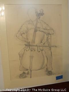 Unframed "Cellist"; pencil on paper; signed MAA (24 x 31")