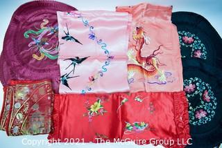 Selection of embroidered silk pillow covers with Asian and bird motifs