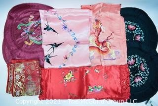 Selection of embroidered silk pillow covers with Asian and bird motifs