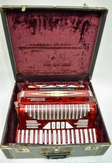 Vintage 1960's Candy Apple Red Polverini Bros Piano Accordian With Case.