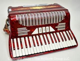 Vintage 1960's Candy Apple Red Polverini Bros Piano Accordian With Case.