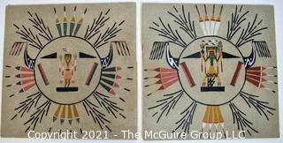 Two Navajo Sand Art compositions by Maxine Lee titled the Sun and The Eagle. Sand on wood board ~12" x 12" 