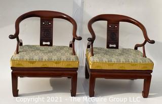 Pair of Ming Style Rosewood Horseshoe Chairs with Upholstered Cushions