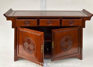 Chinese Rosewood Credenza With Medallion Motif. Measures 18" x 33"x 55".