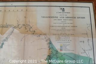 Framed Under Glass 1869 US War Department Map of the Yellowstone and Missouri Rivers and their tributaries. Hand colored with fold Lines.  Measures 31” x 47”. 