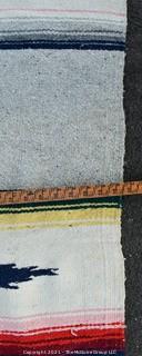 Vintage Native American Hand Loomed Wool Blanket or Rug in Stripe and Diamond Pattern.  Measures  77” x 55".  Some Staining.