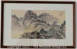 Framed Traditional Asian Landscape Painting on Silk with Chop Mark.  Measures 11" x 17".