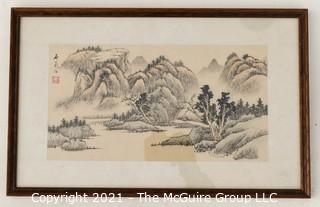 Framed Traditional Asian Landscape Painting on Silk with Chop Mark.  Measures 11" x 17".