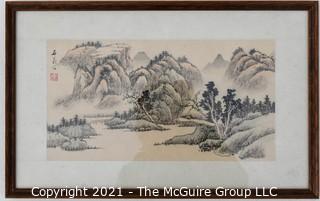 Framed Traditional Asian Landscape Painting on Silk with Chop Mark.  Measures 11" x 17".