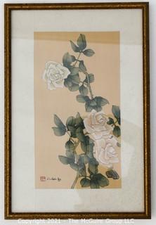 Framed Under Glass Chinese Gouache Watercolor Painting on Silk of Rose with Signature and Chop Mark. Measures 12" x 17"