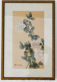 Framed Under Glass Chinese Gouache Watercolor Painting on Silk of Rose with Signature and Chop Mark. Measures 12" x 17"