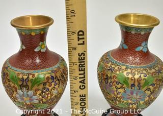 Two (2) Red Asian Enamel Painted Metal Cloisonne Vases in Presentation Box.