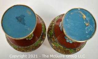 Two (2) Red Asian Enamel Painted Metal Cloisonne Vases in Presentation Box.