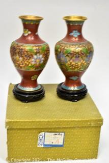 Two (2) Red Asian Enamel Painted Metal Cloisonne Vases in Presentation Box.