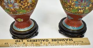 Two (2) Red Asian Enamel Painted Metal Cloisonne Vases in Presentation Box.