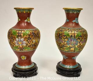 Two (2) Red Asian Enamel Painted Metal Cloisonne Vases in Presentation Box.