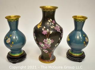 Three (3) Asian Enamel Painted Metal Cloisonne Style Vases.
