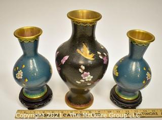 Three (3) Asian Enamel Painted Metal Cloisonne Style Vases.
