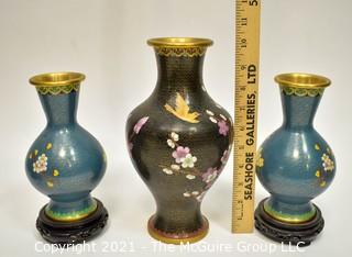 Three (3) Asian Enamel Painted Metal Cloisonne Style Vases.
