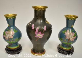 Three (3) Asian Enamel Painted Metal Cloisonne Style Vases.
