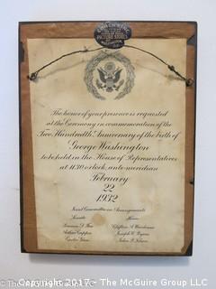 Framed portrait of George Washington; with Congressional invite on reverse; 1932 (6 1/2 x 8 1/2")