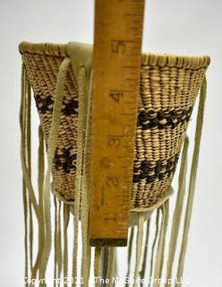 Native American Apache Made Burden or Jingle Basket. Basket measures 6" in diameter and 11" long including bells.  