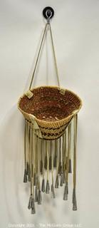 Native American Apache Made Burden or Jingle Basket. Basket measures 6" in diameter and 11" long including bells.  