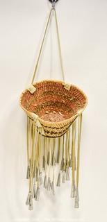 Native American Apache Made Burden or Jingle Basket. Basket measures 6" in diameter and 11" long including bells.  