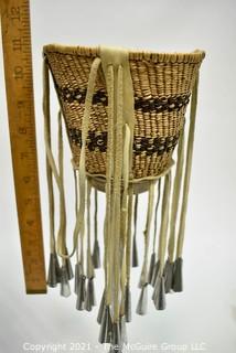 Native American Apache Made Burden or Jingle Basket. Basket measures 6" in diameter and 11" long including bells.  