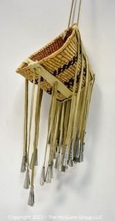 Native American Apache Made Burden or Jingle Basket. Basket measures 6" in diameter and 11" long including bells.  