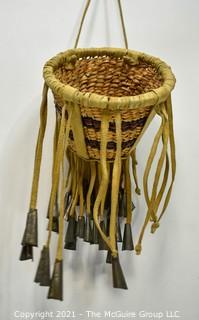 Native American Apache Burden or Jingle Basket. Basket measures 4" in diameter and 6" long including bells.