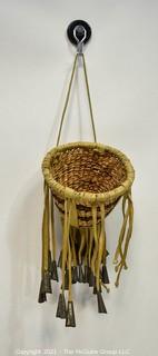 Native American Apache Burden or Jingle Basket. Basket measures 4" in diameter and 6" long including bells.