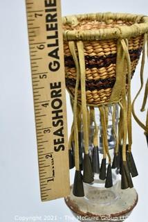 Native American Apache Burden or Jingle Basket. Basket measures 4" in diameter and 6" long including bells.