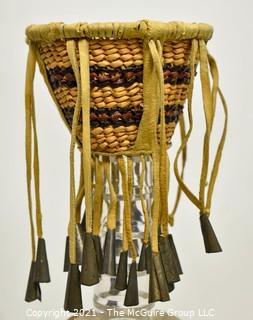 Native American Apache Burden or Jingle Basket. Basket measures 4" in diameter and 6" long including bells.