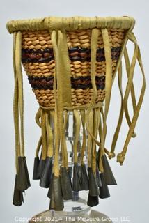 Native American Apache Burden or Jingle Basket. Basket measures 4" in diameter and 6" long including bells.