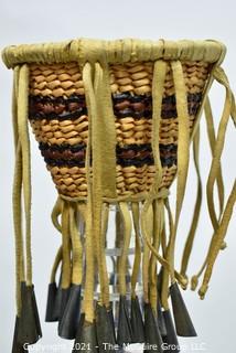 Native American Apache Burden or Jingle Basket. Basket measures 4" in diameter and 6" long including bells.