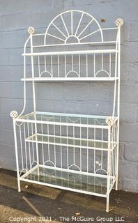 White Wrought Iron Bakers Rack with Four Shelves with Glass Inserts.