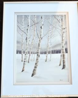 Framed Under Glass Watercolor of Winter Landscape by Gregory Strachov.  Measures 26" x 32".  