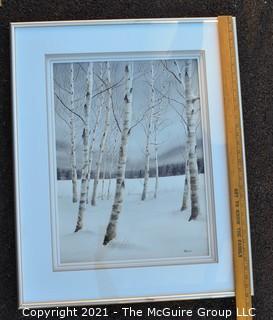 Framed Under Glass Watercolor of Winter Landscape by Gregory Strachov.  Measures 26" x 32".  