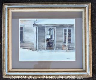 Framed Under Glass Watercolor on Paper House in Winter Signed by Artist, Gregory Strachov on Front and Dated on Back of Frame. Measures 31" x 37".