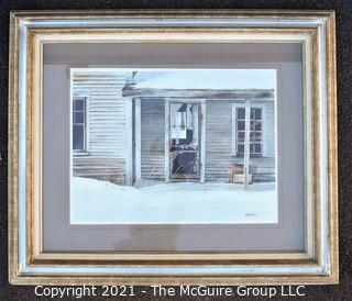 Framed Under Glass Watercolor on Paper House in Winter Signed by Artist, Gregory Strachov on Front and Dated on Back of Frame. Measures 31" x 37".